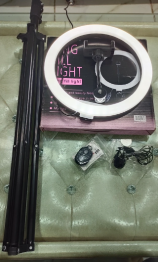 PK 12"Selfie Ring Light 7Ft Long tripod 5m long collar mic, selfie remote Kit Ring Flash  (Golden, White)