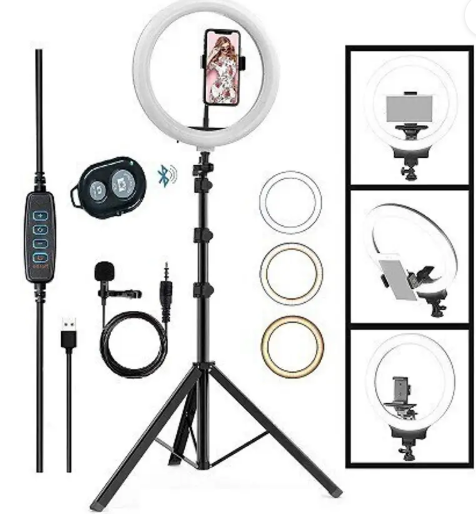 PK 12"Selfie Ring Light 7Ft Long tripod 5m long collar mic, selfie remote Kit Ring Flash  (Golden, White)