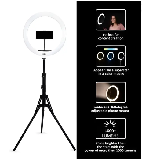 PK 12"Selfie Ring Light 7Ft Long tripod 5m long collar mic, selfie remote Kit Ring Flash  (Golden, White)
