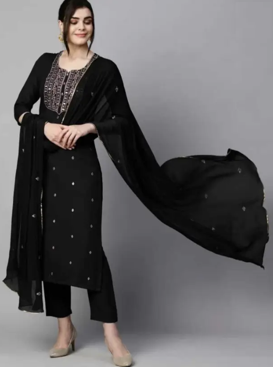 Women Cotton Blend Kurti Pant Dupatta Set