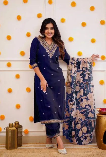 Women Worked Viscose Rayon Kurta Pant Attached Dupatta Set