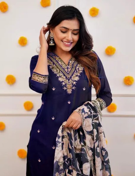 Women Worked Viscose Rayon Kurta Pant Attached Dupatta Set