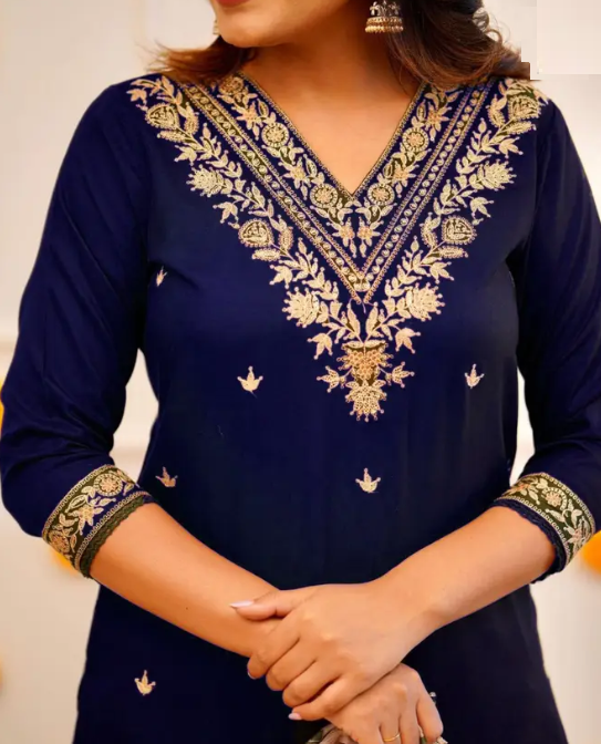 Women Worked Viscose Rayon Kurta Pant Attached Dupatta Set