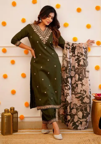 Women Worked Viscose Rayon Kurta Pant Dupatta Set