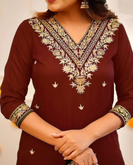 Women Worked Viscose Rayon Kurta Pant Attached Dupatta Set