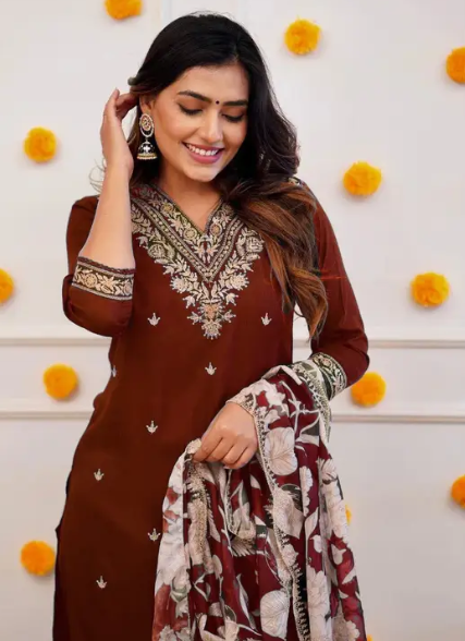 Women Worked Viscose Rayon Kurta Pant Attached Dupatta Set