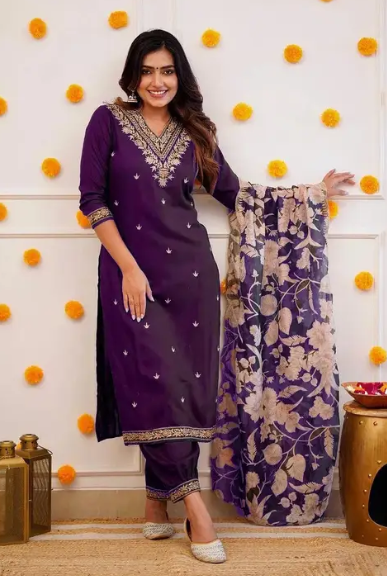 Women Worked Viscose Rayon Kurta Pant Attached Dupatta Set