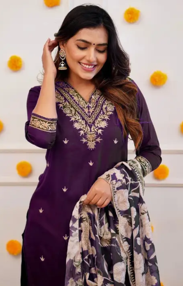 Women Worked Viscose Rayon Kurta Pant Attached Dupatta Set