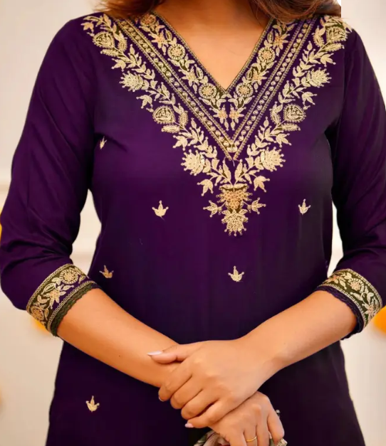 Women Worked Viscose Rayon Kurta Pant Attached Dupatta Set