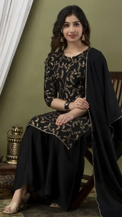 Women Printed + Worked Viscose Rayon Kurta Sharara Set