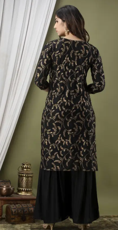 Women Printed + Worked Viscose Rayon Kurta Sharara Set