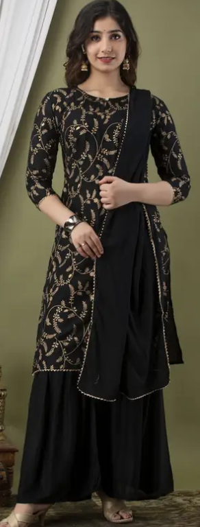 Women Printed + Worked Viscose Rayon Kurta Sharara Set