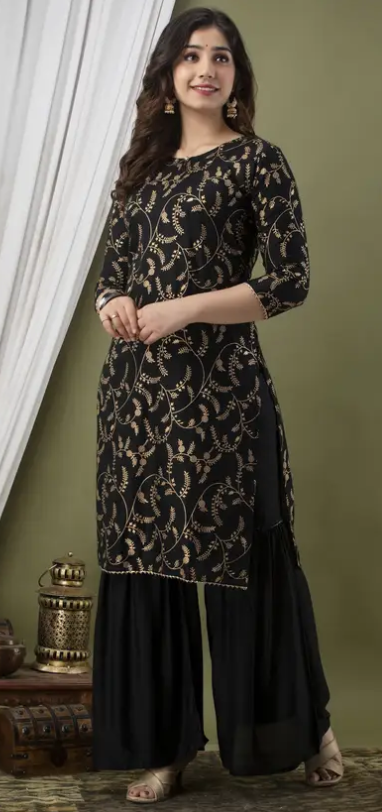 Women Printed + Worked Viscose Rayon Kurta Sharara Set