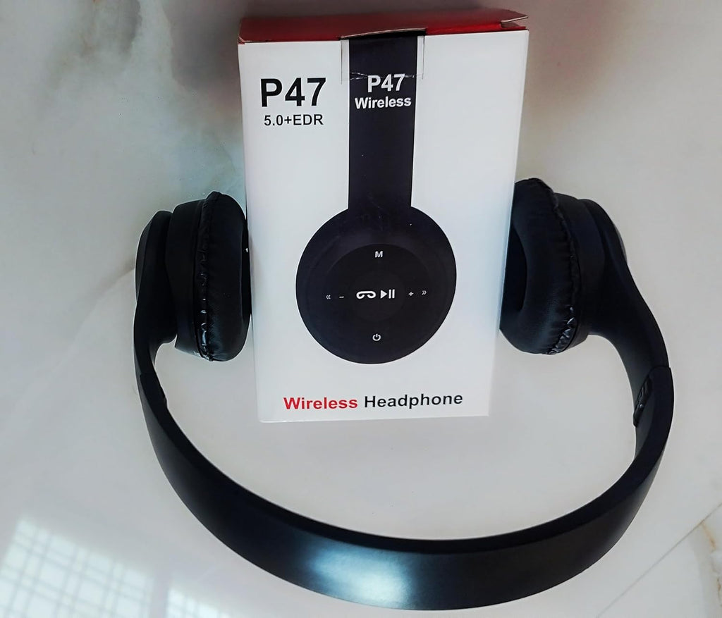 P47 Wireless Bluetooth Headphones, Deep Bass Sound, Foldable Design with Built-in Mic, Black