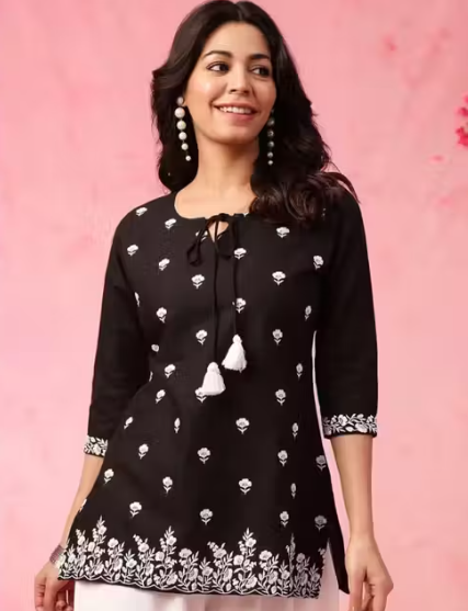 Designer Embroidered Short Kurti for Women Latest Chikankari Black Kurti Top For Ladies