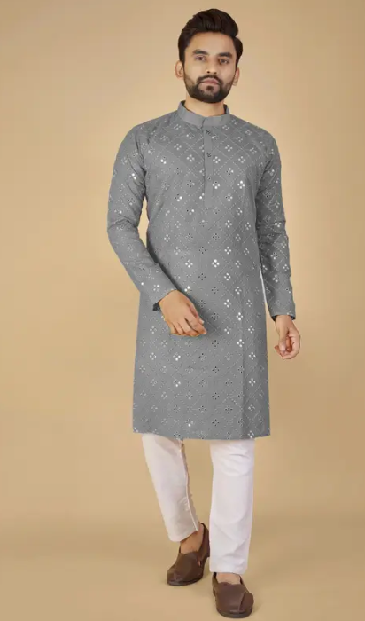 Under Rated Silver Colour Worked Kurta Pyjama Set Pure Cotton