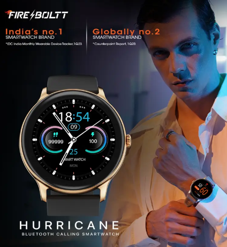 Fire-Boltt Hurricane 33.02mm (1.3) Curved Glass Display with BT Calling, 100+ Sports Modes Smartwatch  (Black Strap, Free Size)