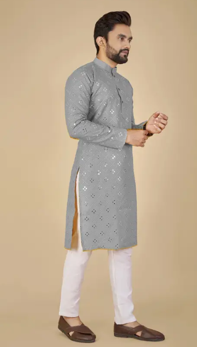 Under Rated Silver Colour Worked Kurta Pyjama Set Pure Cotton