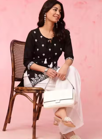 Designer Embroidered Short Kurti for Women Latest Chikankari Black Kurti Top For Ladies