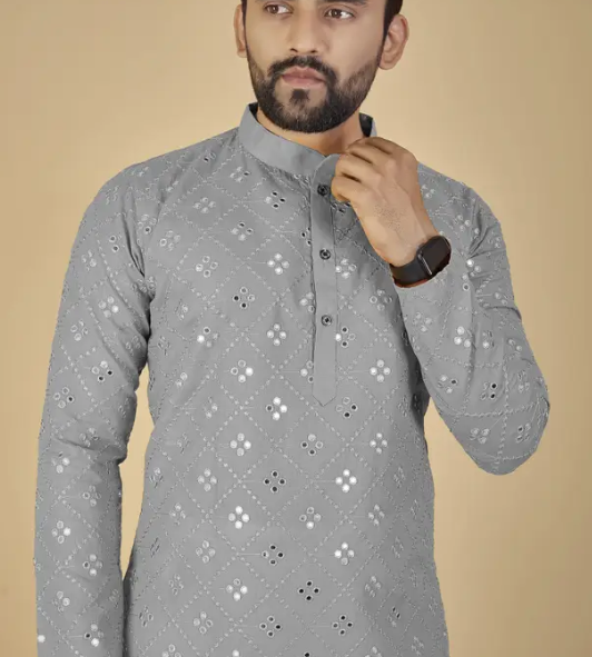 Under Rated Silver Colour Worked Kurta Pyjama Set Pure Cotton