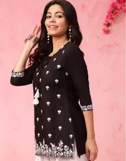 Designer Embroidered Short Kurti for Women Latest Chikankari Black Kurti Top For Ladies