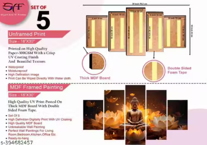 Buddha Paintings for Wall Decoration - Set Of Five, 3d modern art Painting for Living Room Large Size with Frames for Home Decoration, Hotel, Office 76.2 cm x 45 cm