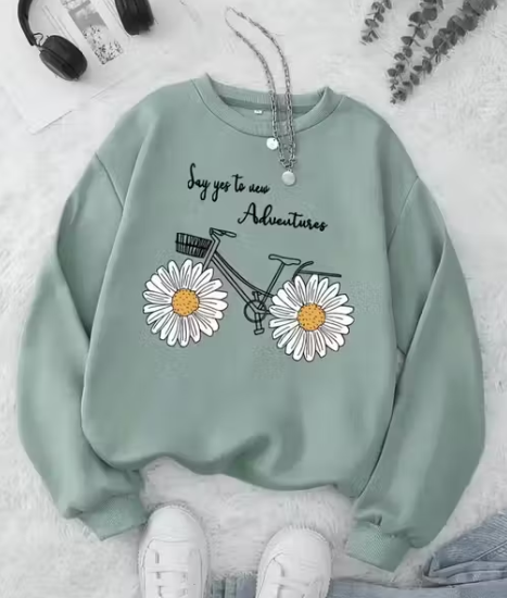 Trendy Graphic Printed Green Sweatshirt for Women | Oversized Winter Wear | Stylish Casual Pullover