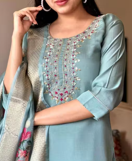 Fancy Reyon Slub Kurta Set With Dupatta