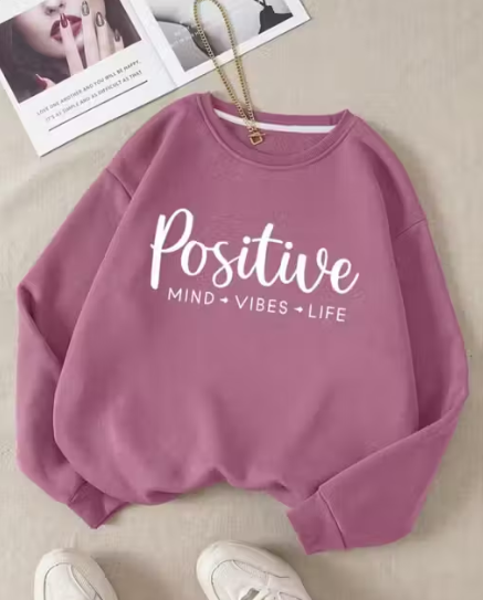 Positive Vibes Printed Oversized Sweatshirt for Women | Winter Wear Casual Pullover