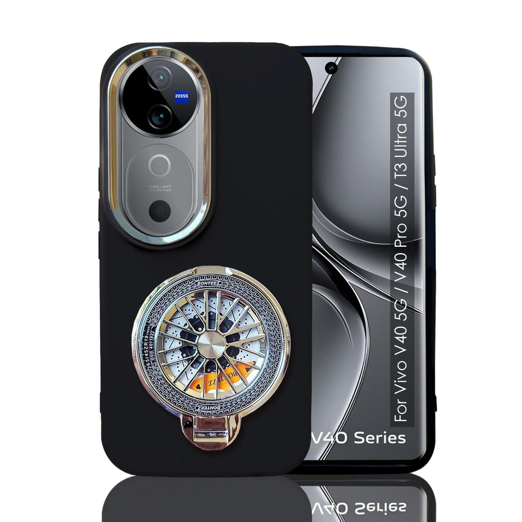 Back Cover for Vivo V40 / V40 Pro 5G / Vivo T3 Ultra 5G - Electroplated Crome Metal Ring Soft Silicone Silver Round Spinning Wheel Kickstand Holder Camera Protection Shockproof Bumper Case (Black)