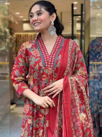 Cotton Reyon Women kurti pallazo dupatta set