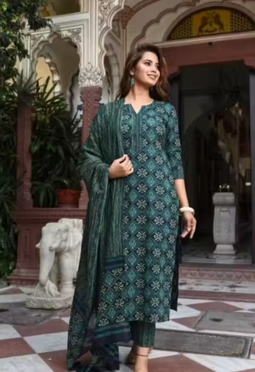 TRENDY FASHIONABLE PRINTED COTTON KURTI PANT AND DUPATTA SET FOR WOMEN