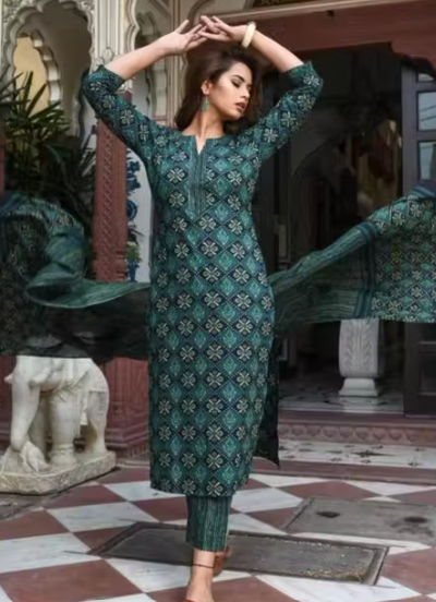 TRENDY FASHIONABLE PRINTED COTTON KURTI PANT AND DUPATTA SET FOR WOMEN