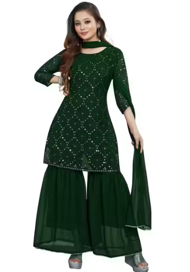 Women's Georgette Embroidery Sharara Salwar Suit Set Stitched Ready to Wear