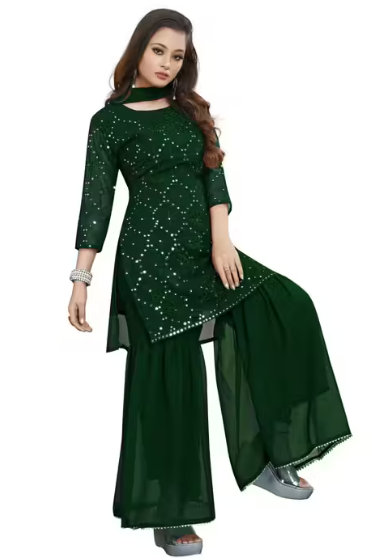 Women's Georgette Embroidery Sharara Salwar Suit Set Stitched Ready to Wear