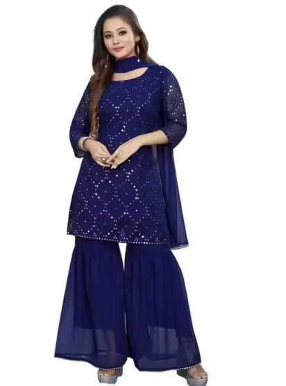 Women's Georgette Embroidery Sharara Salwar Suit Set Stitched Ready to Wear