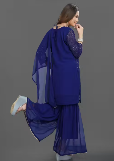 Women's Georgette Embroidery Sharara Salwar Suit Set Stitched Ready to Wear