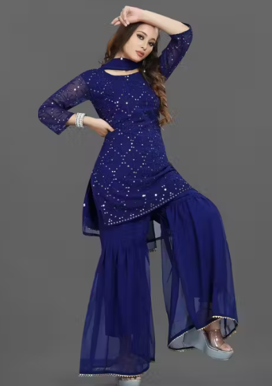 Women's Georgette Embroidery Sharara Salwar Suit Set Stitched Ready to Wear