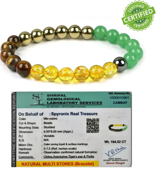 SPYRONIX REAL TREASURE  Stone, Green Aventurine, Citrine + Golden, Golden Pyrite, Tiger's Eye Crystal Bracelet