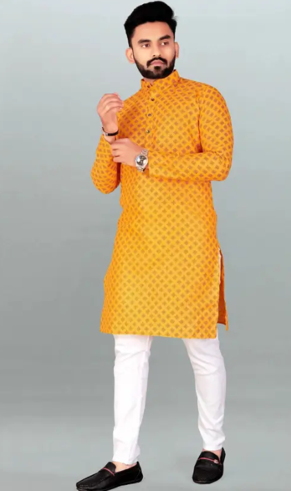 Men Printed, Self Design Cotton Blend, Polyester Straight Kurta  (Yellow)