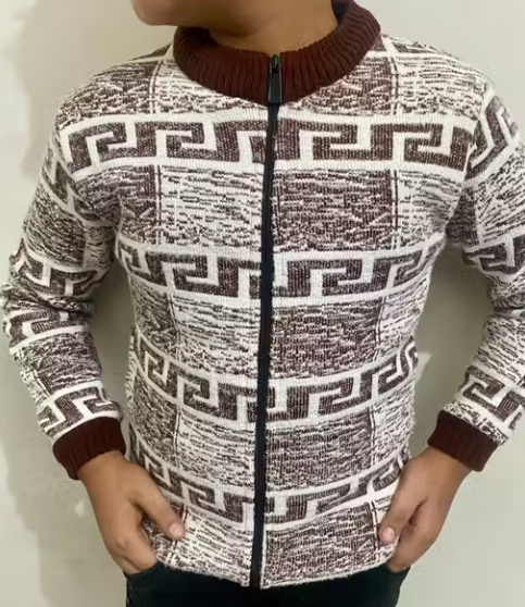 Boys Brown & White Geometric Pattern Knitted Zip-Up Sweater