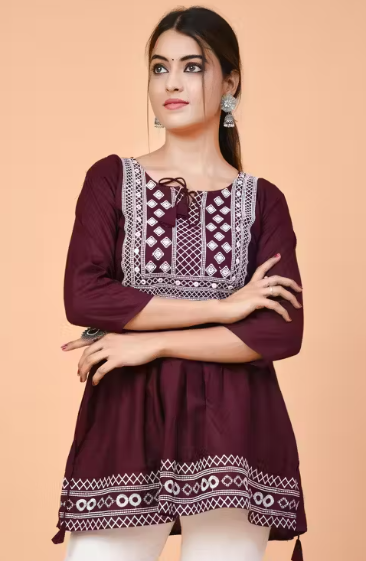 Women’s Marroon Embroidered Cotton Kurti Top | Stylish Short Kurti with White Thread Work | Casual & Party Wear