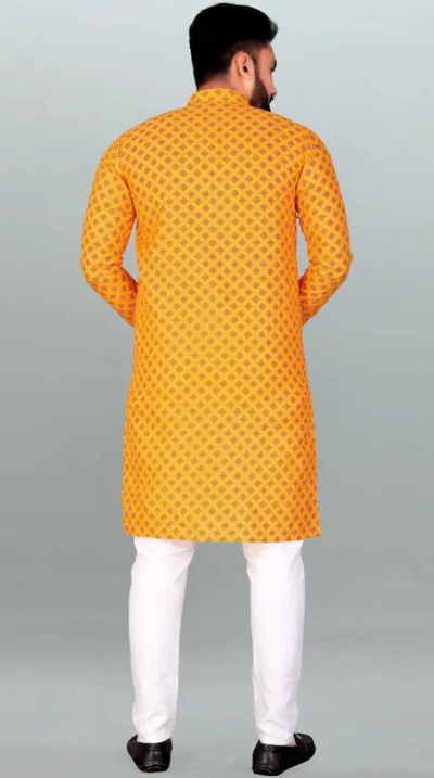 Men Printed, Self Design Cotton Blend, Polyester Straight Kurta  (Yellow)