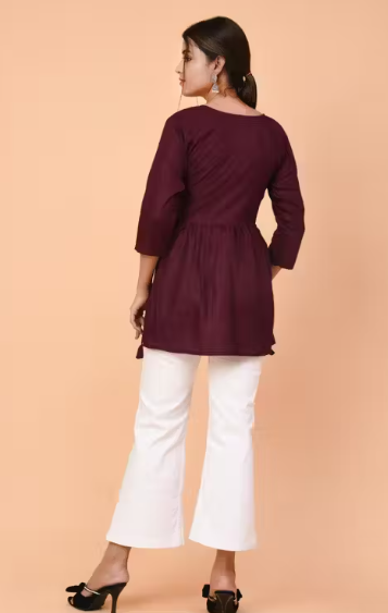 Women’s Marroon Embroidered Cotton Kurti Top | Stylish Short Kurti with White Thread Work | Casual & Party Wear