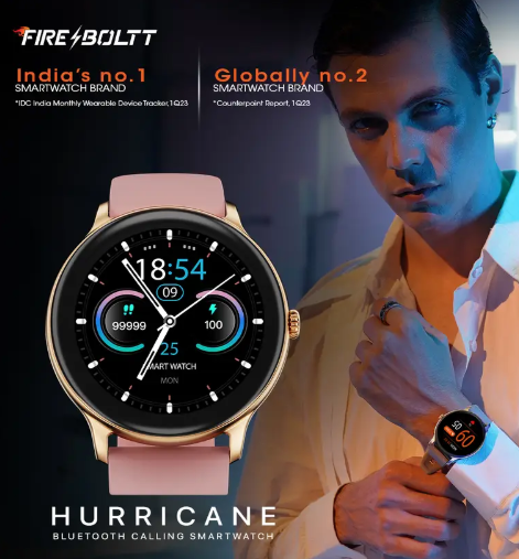Fire-Boltt Hurricane 33.02mm (1.3) Curved Glass Display with BT Calling, 100+ Sports Modes Smartwatch  (Gold Pink Strap, Free Size)
