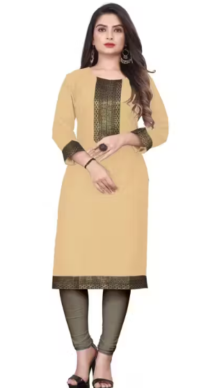 Desigener Kurtis New Collection Plain Cotton Golden Lace Border Pattern Casual Kurta for Girls & Women