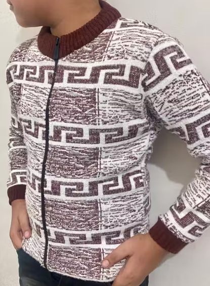 Boys Brown & White Geometric Pattern Knitted Zip-Up Sweater