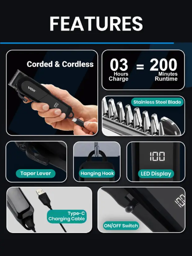 VGR V-118 Professional Hair Clipper with LED Display Trimmer 200 min Runtime 6 Length Settings  (Black)