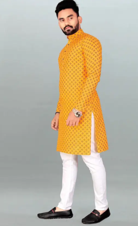 Men Printed, Self Design Cotton Blend, Polyester Straight Kurta  (Yellow)