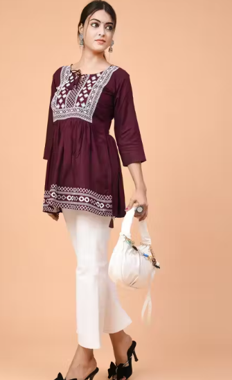 Women’s Marroon Embroidered Cotton Kurti Top | Stylish Short Kurti with White Thread Work | Casual & Party Wear